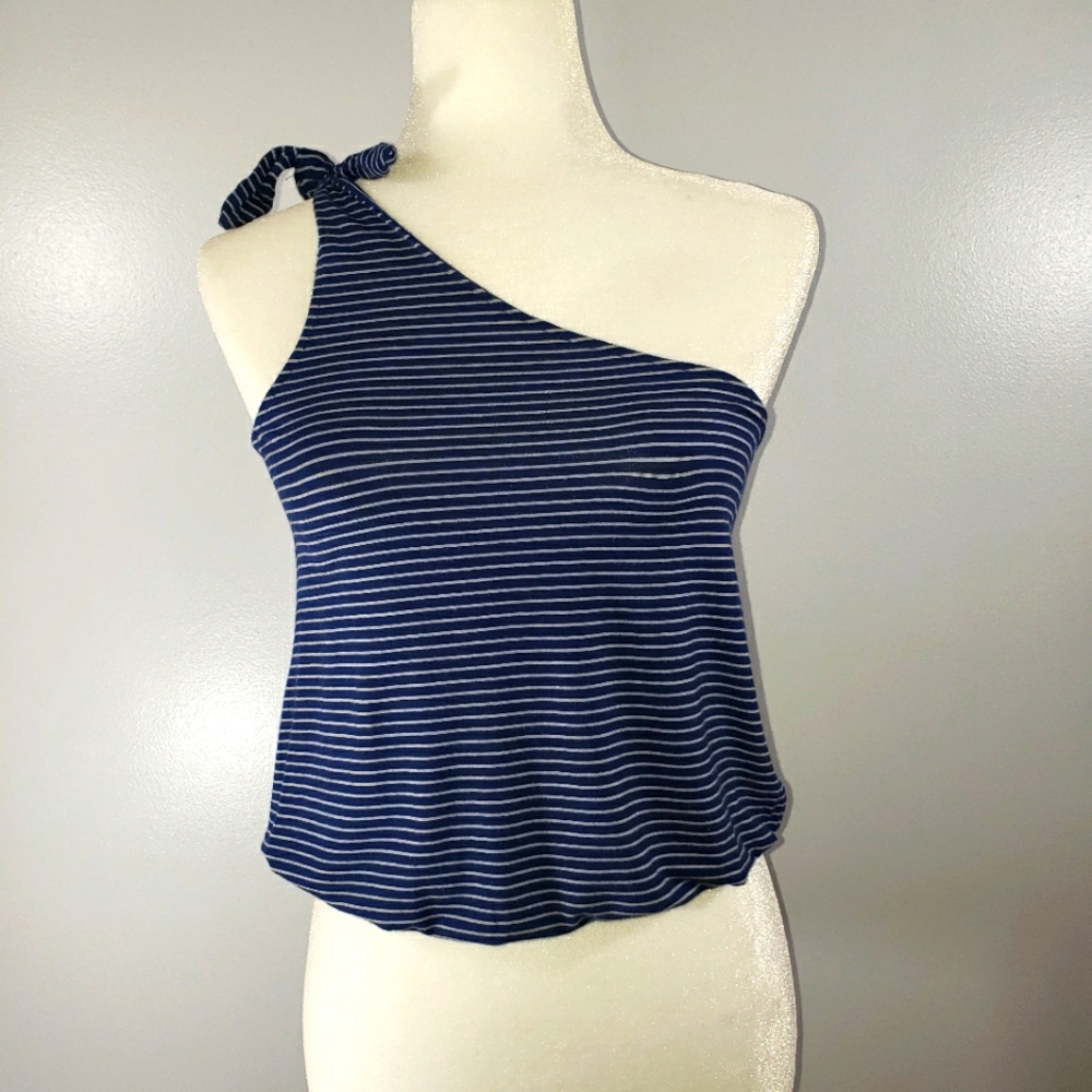 AEO SOFT & SEXY one-shoulder navy striped tank top